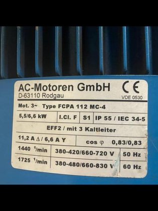 AC-Motoren GmbH Mot 3 ∼ Type FCPA 112 MC-4 D-63110 Rodgau VDE 530 (photo 1 of 2)